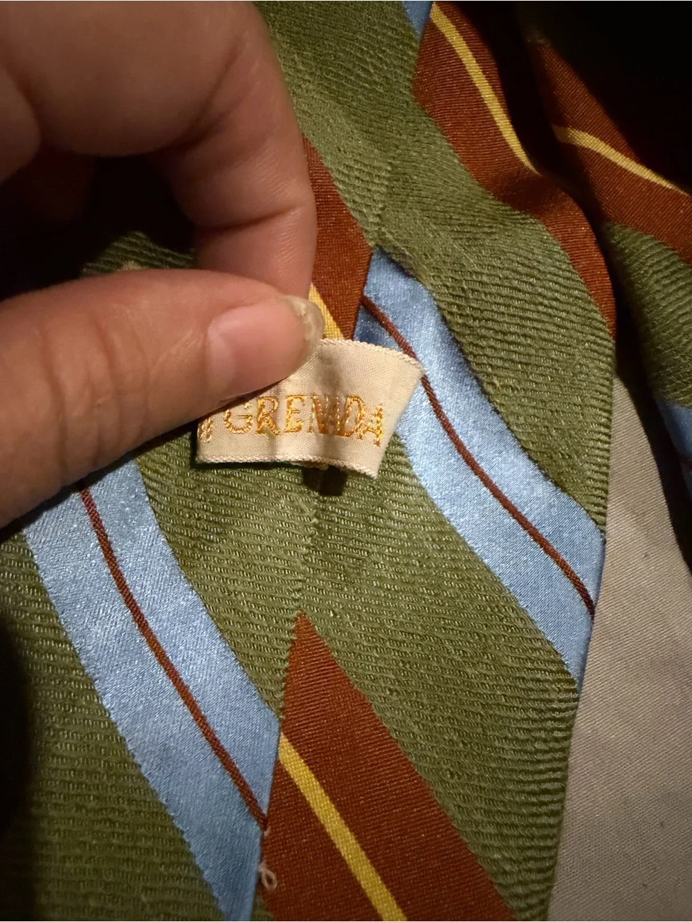 Olive Green Tie with Light Blue and Rust Stripes